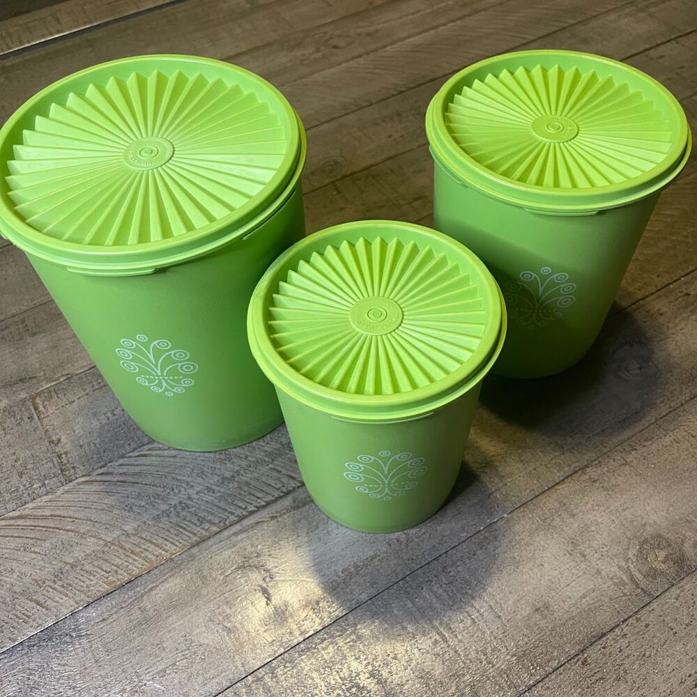 Vintage Servalier Tupperware Nest Cannister Apple Green Set Flour Sugar Storage - Picture 2 of 3